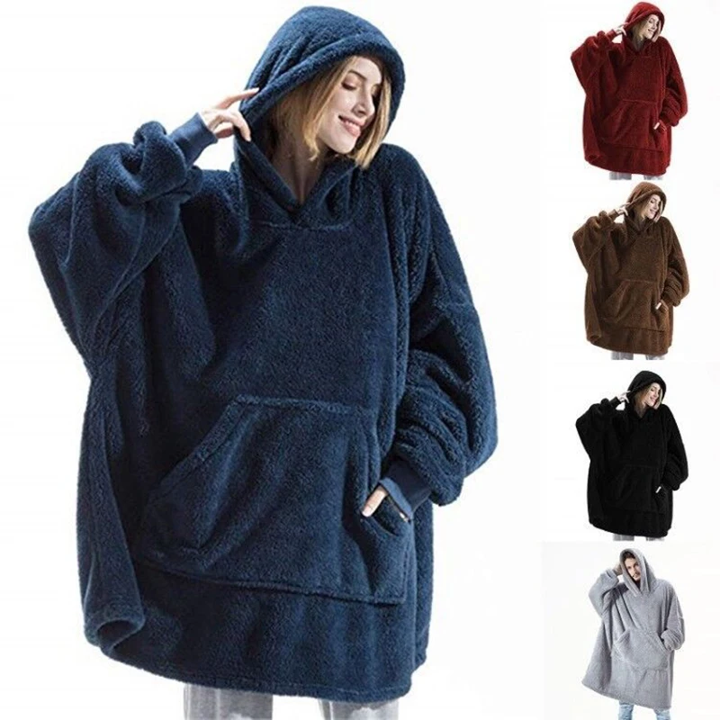 New Winter Women Double-faced Fleece Hoodie Blanket Oversize Large Pocket Warm Couple Loose Sweatshirts Women And Men Robe - Image 2