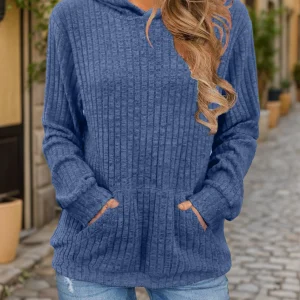 Plus size fashion women's solid color ribbed hooded casual long sleeve sweatshirt with pockets