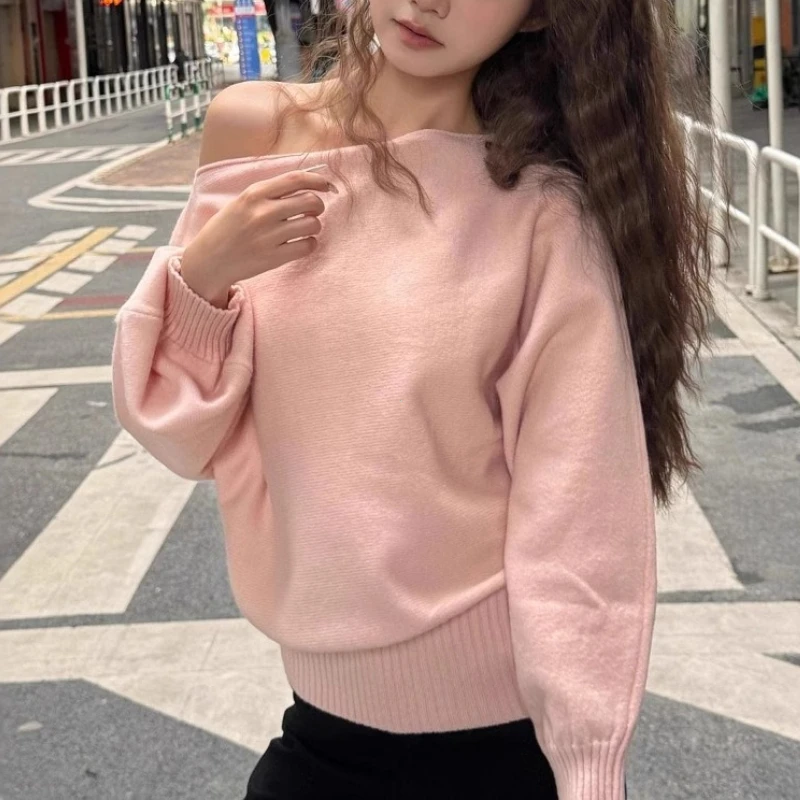 Batwing Long Sleeve Knitted Pullover Women 380g Thick Off Shoulder Top Korean Fashion Sweater Loose Casual Autumn Outwear Pull - Image 2