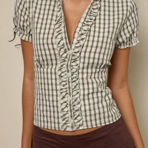 Stylish Off-Shoulder Blouse for Women Elegant Ruffle Trim V Neck Short Sleeve Crop Top Fit Bubble Shirt