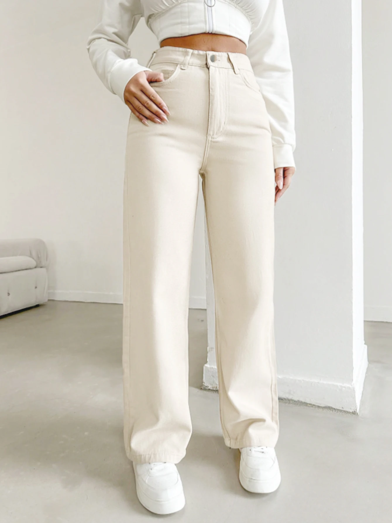 Women's autumn jeans, made of cotton denim, in a beige apricot color, straight-leg, slim fit, high-waisted, elastic waistband - Image 3