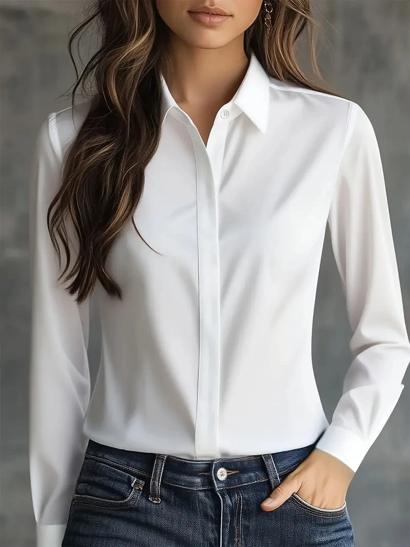 Autumn solid colour long-sleeved versatile shirt lapel satin shirt women