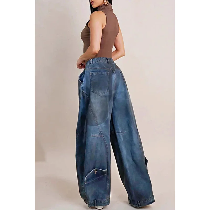 Y2K Women Loose Denim Jeans Asymmetric Button Pocket Washed Jean Casual Harajuku High Street Grunge Denim Trouders Pants - Image 3